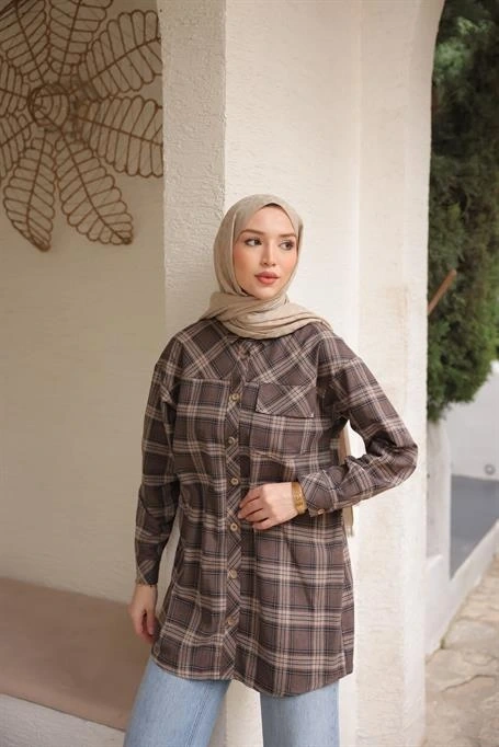 Kapşonlu Desenli Cepli Uzun Kesim Ekose Gömlek - (38-46) - 71367 - Bej