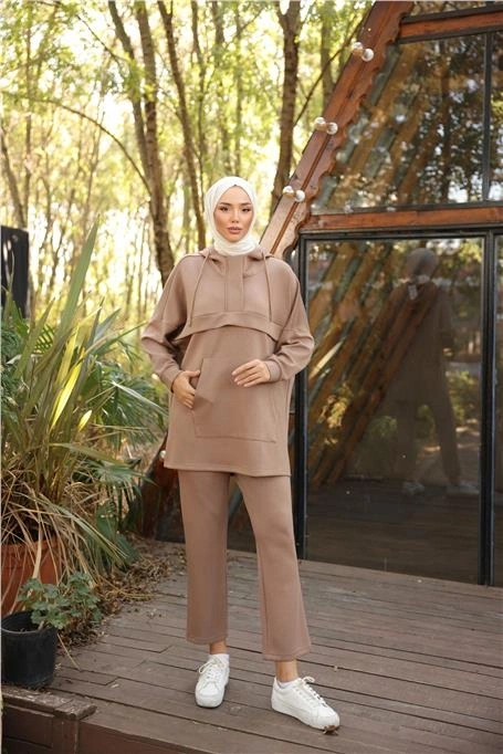 Kapşonlu Kanguru Cepli Sweat-Pantolon İkili Eşofman Spor Takımı - (38-46) - 71214 - Bej