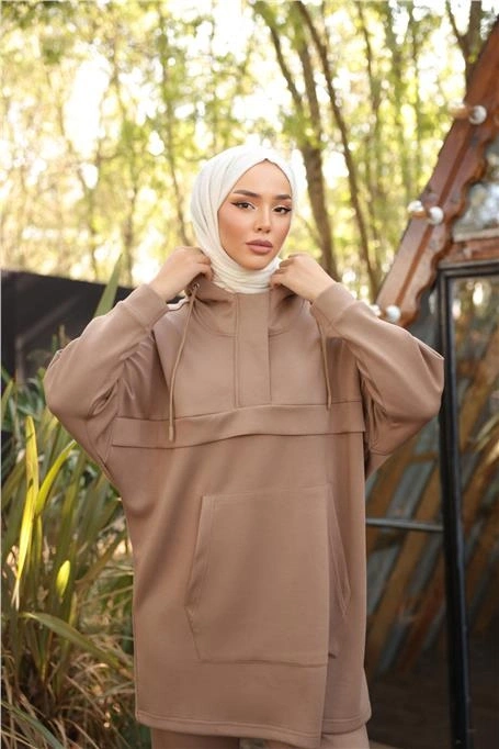 Kapşonlu Kanguru Cepli Sweat-Pantolon İkili Eşofman Spor Takımı - (38-46) - 71214 - Bej