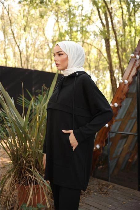 Kapşonlu Kanguru Cepli Sweat-Pantolon İkili Eşofman Spor Takımı - (38-46) - 71214 - Siyah