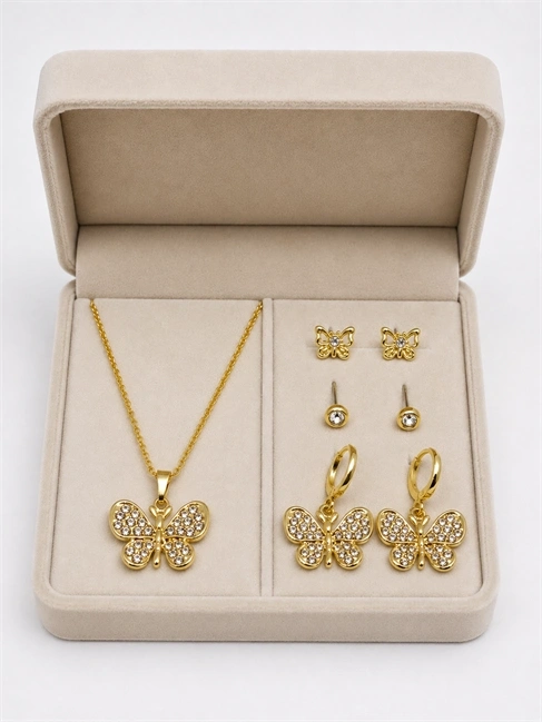 Kelebek Detaylı Gold Renk 4lü Kolye Küpe Seti