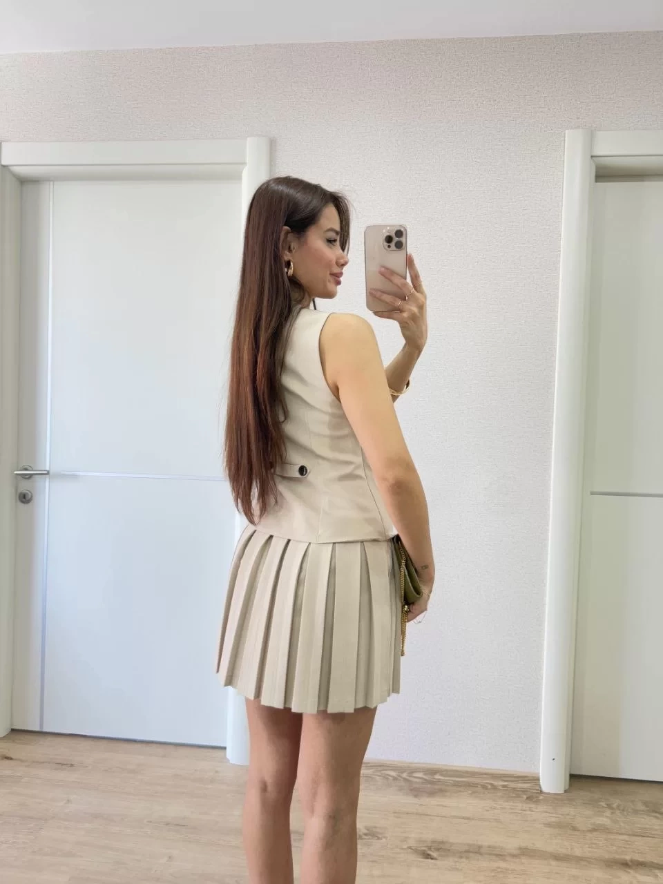 Keten Takım Görünümlü Düğme Detaylı Yelekli Mini Elbise - Bej