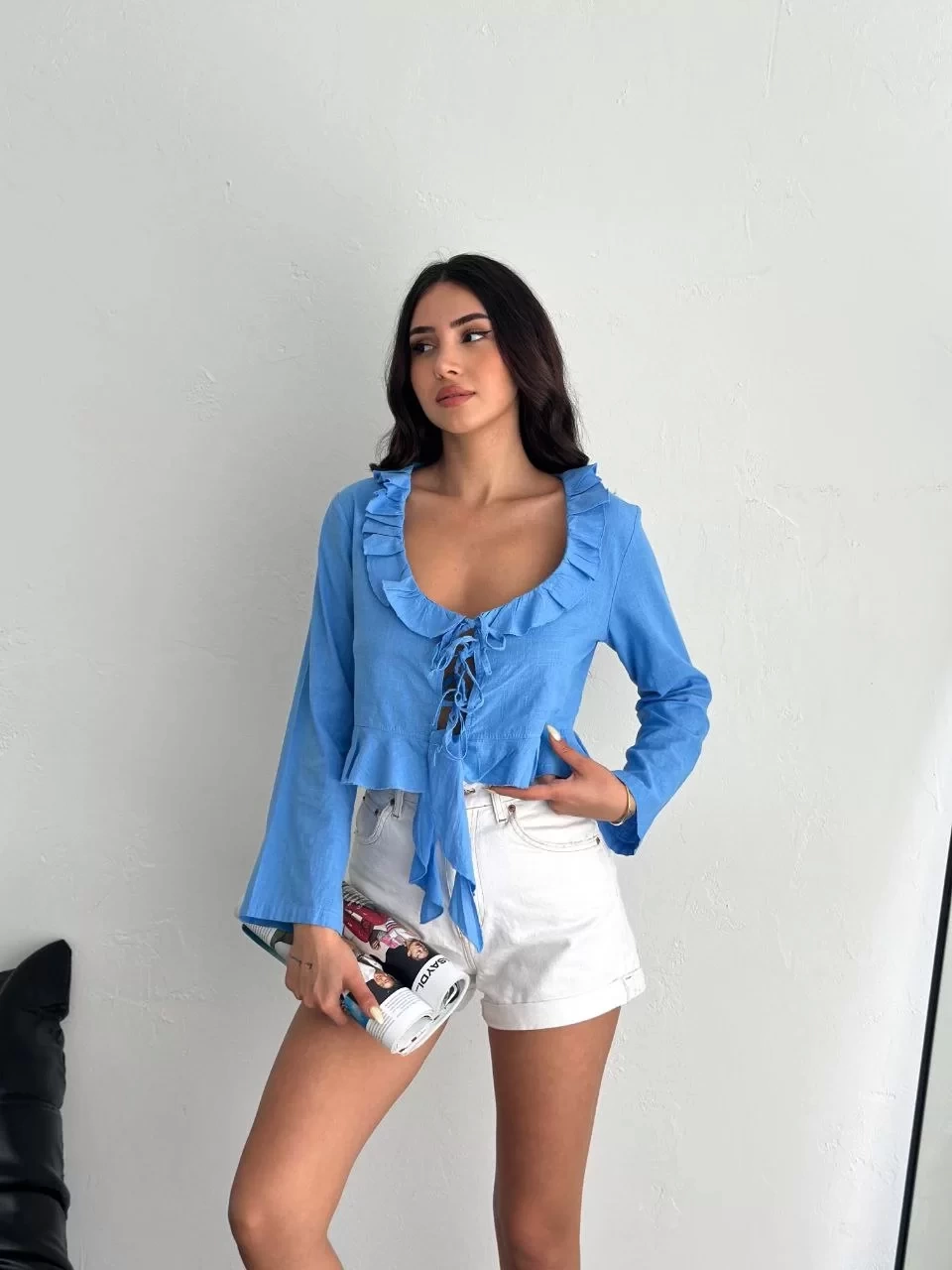 Keten Uzun Kol Bağacık Detaylı Bluz - Mavi
