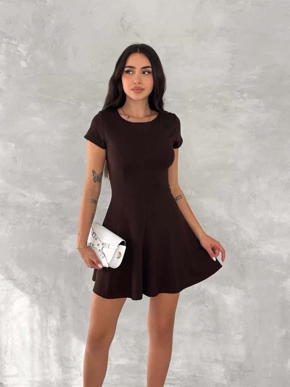 kısa kollu Mini Elbise - Kahverengi