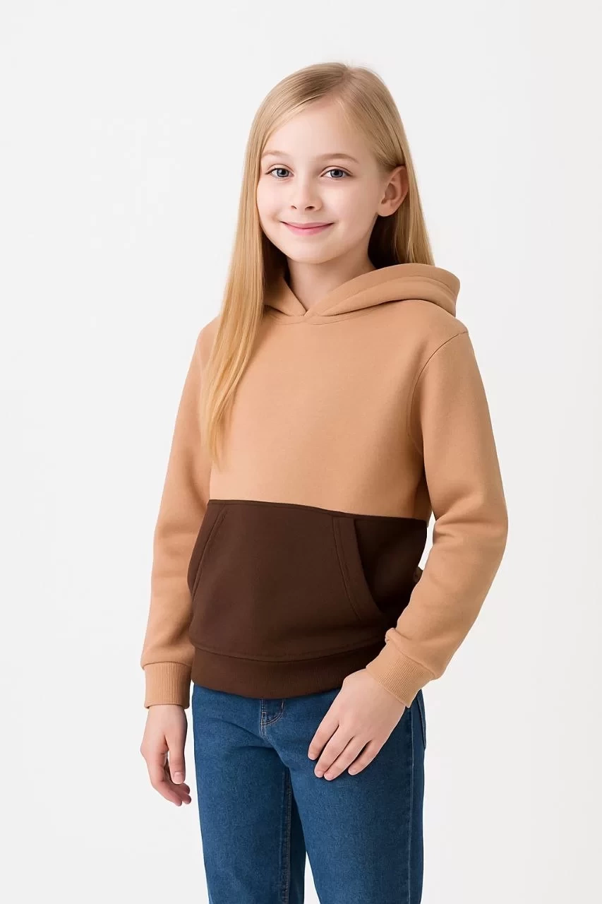Kız Çocuk Kapüşonlu Kanguru Çepli Parçalı SweatShirt - Renkli