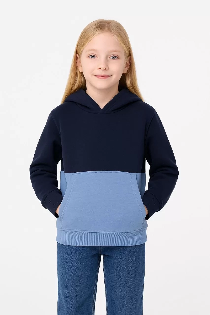 Kız Çocuk Kapüşonlu Kanguru Çepli Parçalı SweatShirt - Renkli