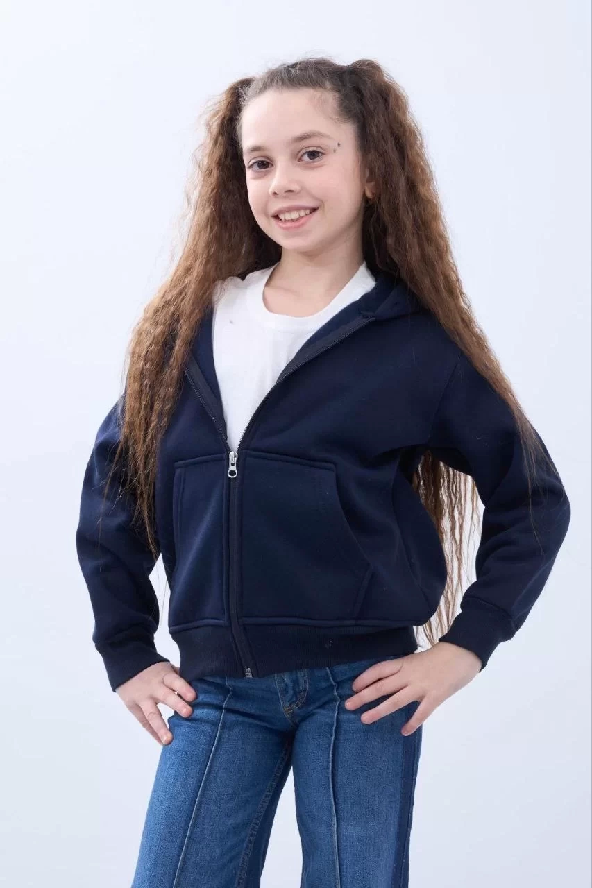 Kız Çocuk Kapüşonlu Kanguru Çepli Tam Fermuarlı Hırka SweatShirt - Lacivert