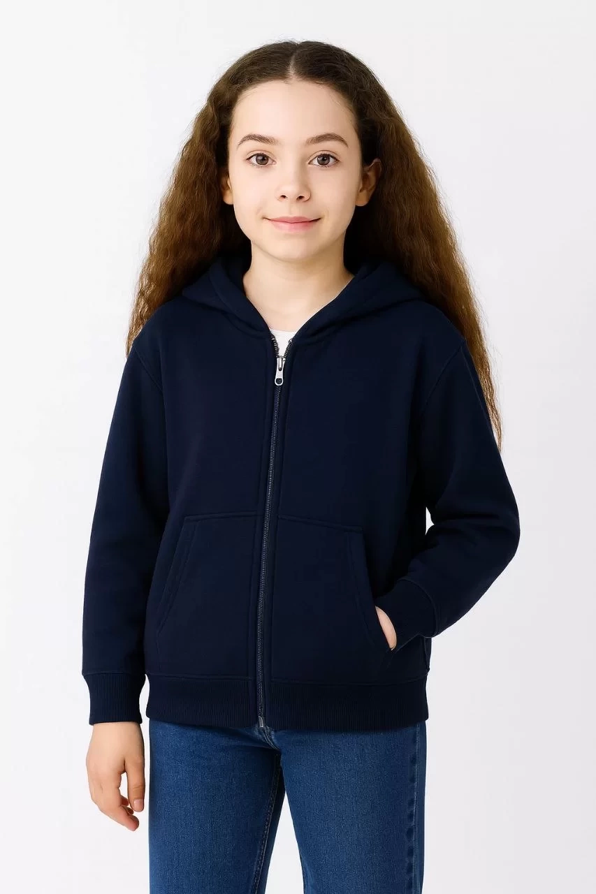 Kız Çocuk Kapüşonlu Kanguru Çepli Tam Fermuarlı Hırka SweatShirt - Lacivert