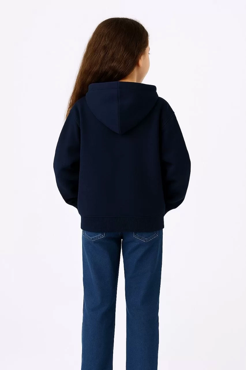 Kız Çocuk Kapüşonlu Kanguru Çepli Tam Fermuarlı Hırka SweatShirt - Lacivert