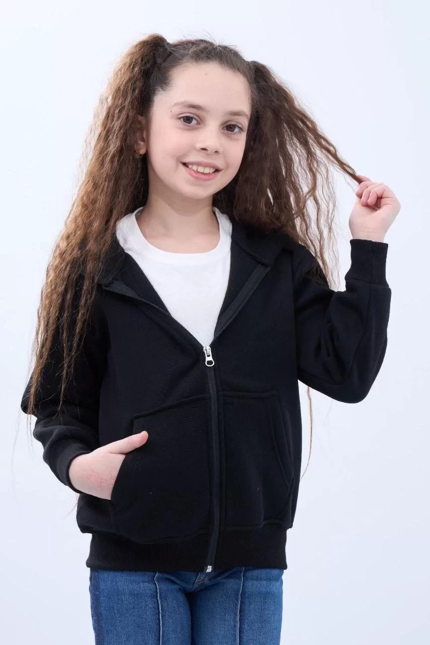 Kız Çocuk Kapüşonlu Kanguru Çepli Tam Fermuarlı Hırka SweatShirt - Siyah