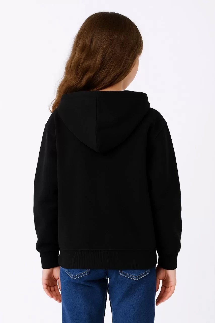 Kız Çocuk Kapüşonlu Kanguru Çepli Tam Fermuarlı Hırka SweatShirt - Siyah