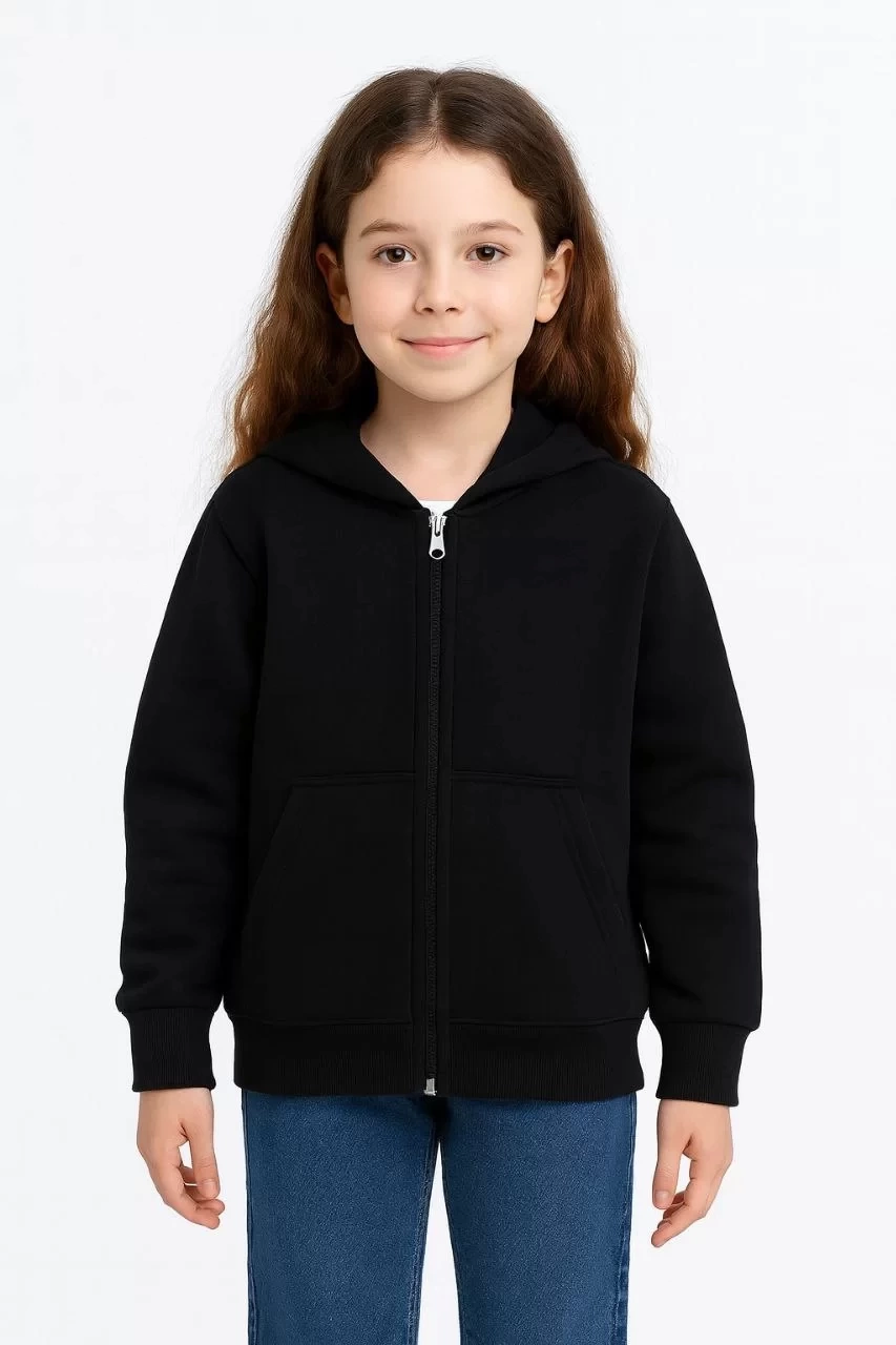 Kız Çocuk Kapüşonlu Kanguru Çepli Tam Fermuarlı Hırka SweatShirt - Siyah