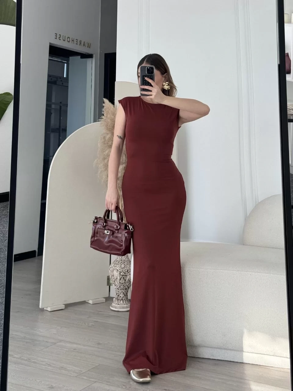Kolsuz Uzun Likralı Elbise - Bordo