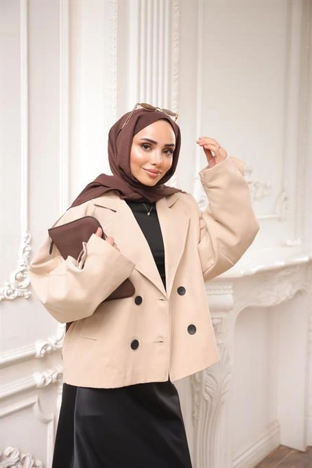 Kruvaze Ceket Yaka Cepli Kısa Trençkot - (38-44) - 71331 - Bej