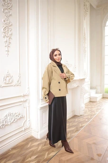 Kruvaze Ceket Yaka Cepli Kısa Trençkot - (38-44) - 71331 - Çağla Yeşili