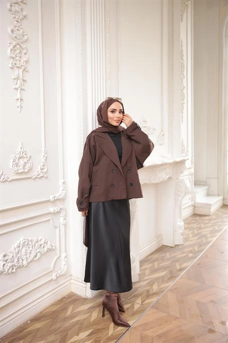 Kruvaze Ceket Yaka Cepli Kısa Trençkot - (38-44) - 71331 - Kahverengi