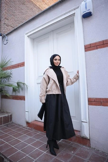 Kruvaze Ceket Yaka Lastikli Şerit Detaylı Kısa Trençkot - (1-2) - 71334 - Bej