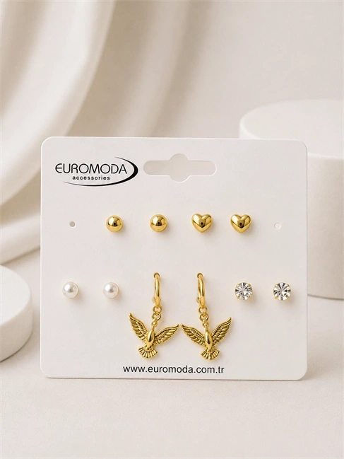 Kuş Kalp Detaylı Gold Renk 5li Küpe Seti