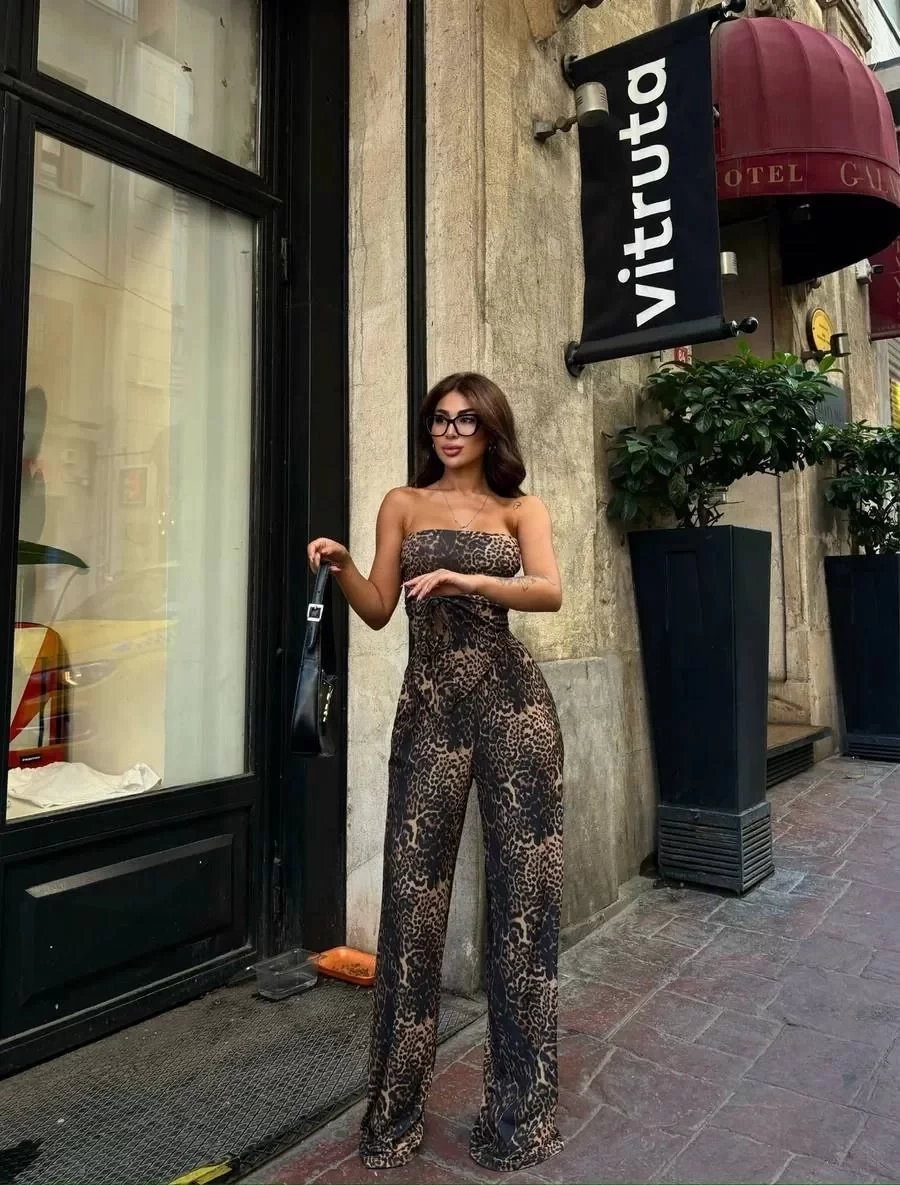 leopar desenli önden bağlamalı bluz Pantolon İkili Takım -Leopar