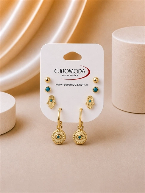 Nazar Detaylı Gold Renk 4lü Küpe Seti