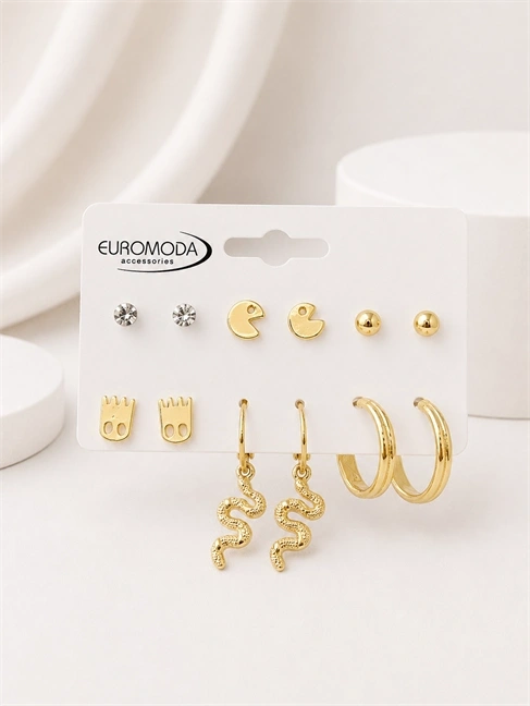 Nostalji Detaylı Gold Renk 6lı Küpe Seti