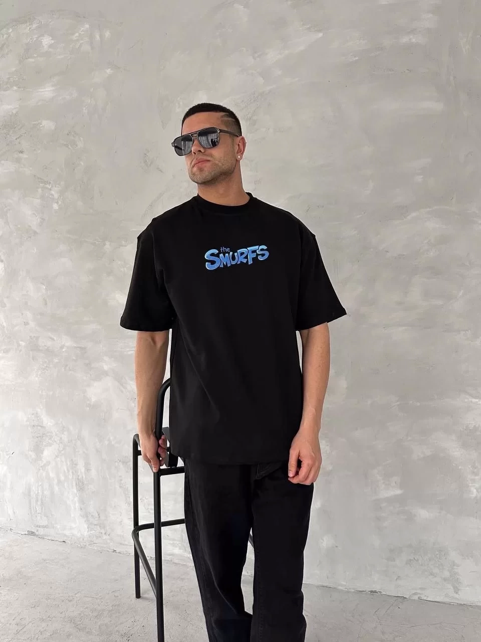Ön ve Arka Baskılı Oversize Bisiklet Yaka T-shirt- Siyah