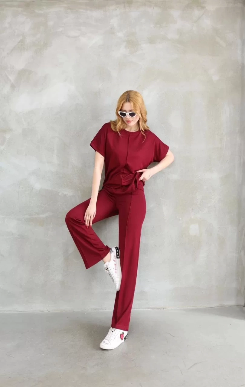 Osy Modal Yumuşak dokulu Kumaş Bisiklet Yaka Kısa Kollu Takım - Bordo