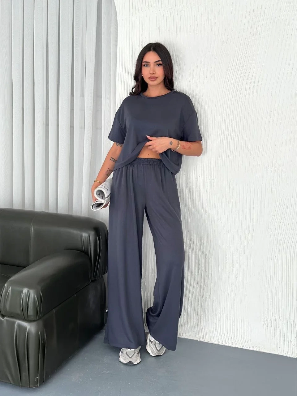 Osy Modal Yumuşak Dokulu Kumaş Bisiklet Yaka T-shirt Bol paça Pantalon ikili Takım -Antrasit
