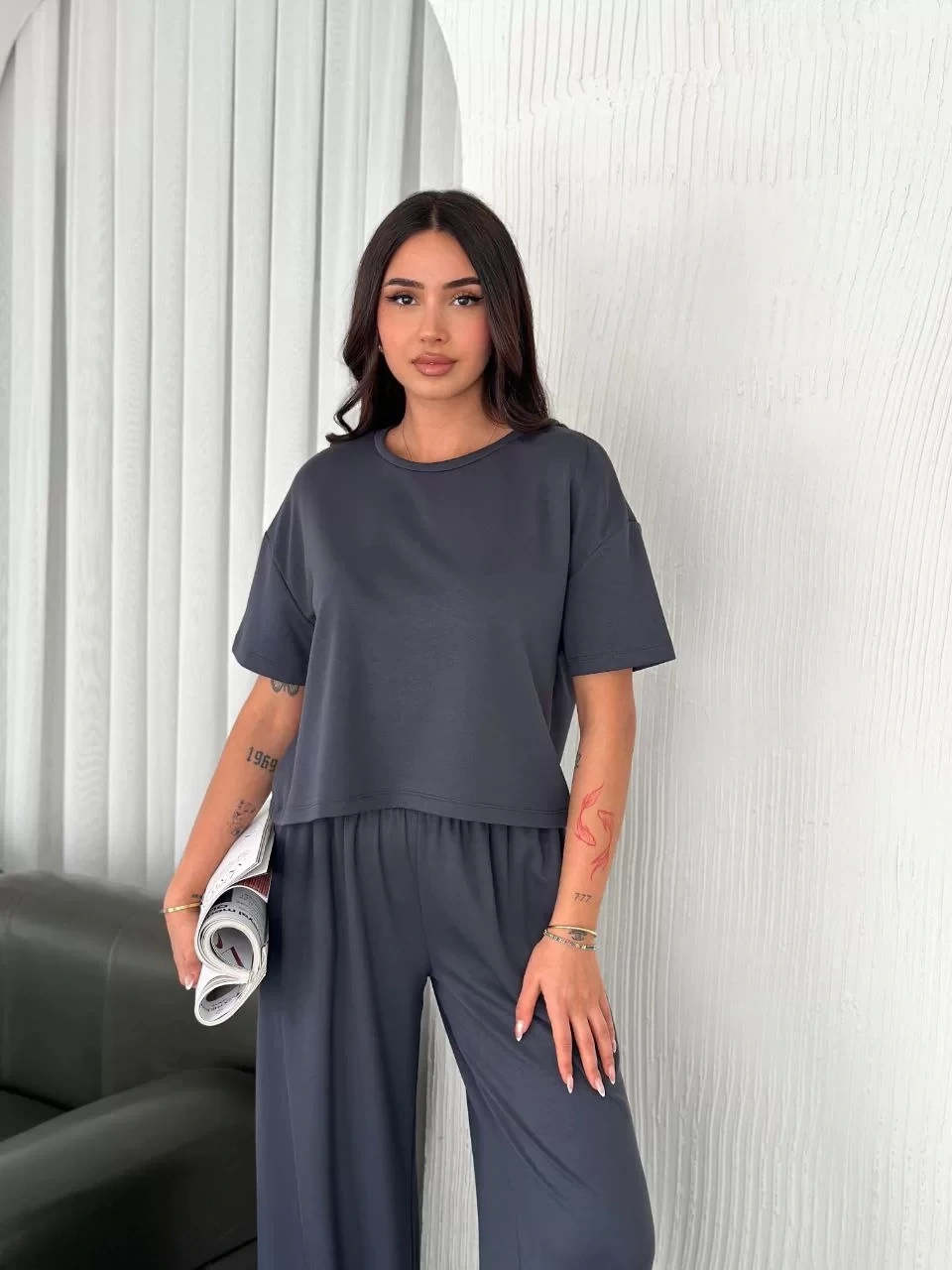 Osy Modal Yumuşak Dokulu Kumaş Bisiklet Yaka T-shirt Bol paça Pantalon ikili Takım -Antrasit