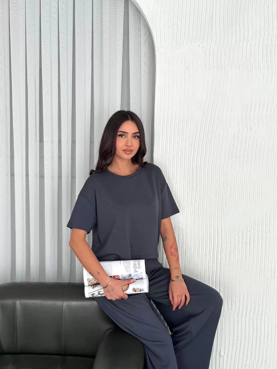 Osy Modal Yumuşak Dokulu Kumaş Bisiklet Yaka T-shirt Bol paça Pantalon ikili Takım -Antrasit