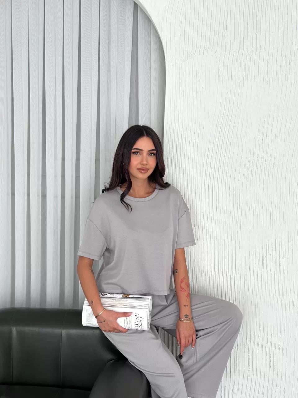 Osy Modal Yumuşak Dokulu Kumaş Bisiklet Yaka T-shirt Bol paça Pantalon ikili Takım - Boyalı Gri
