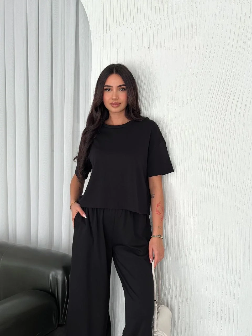 Osy Modal Yumuşak Dokulu Kumaş Bisiklet Yaka T-shirt Bol paça Pantalon ikili Takım -Siyah