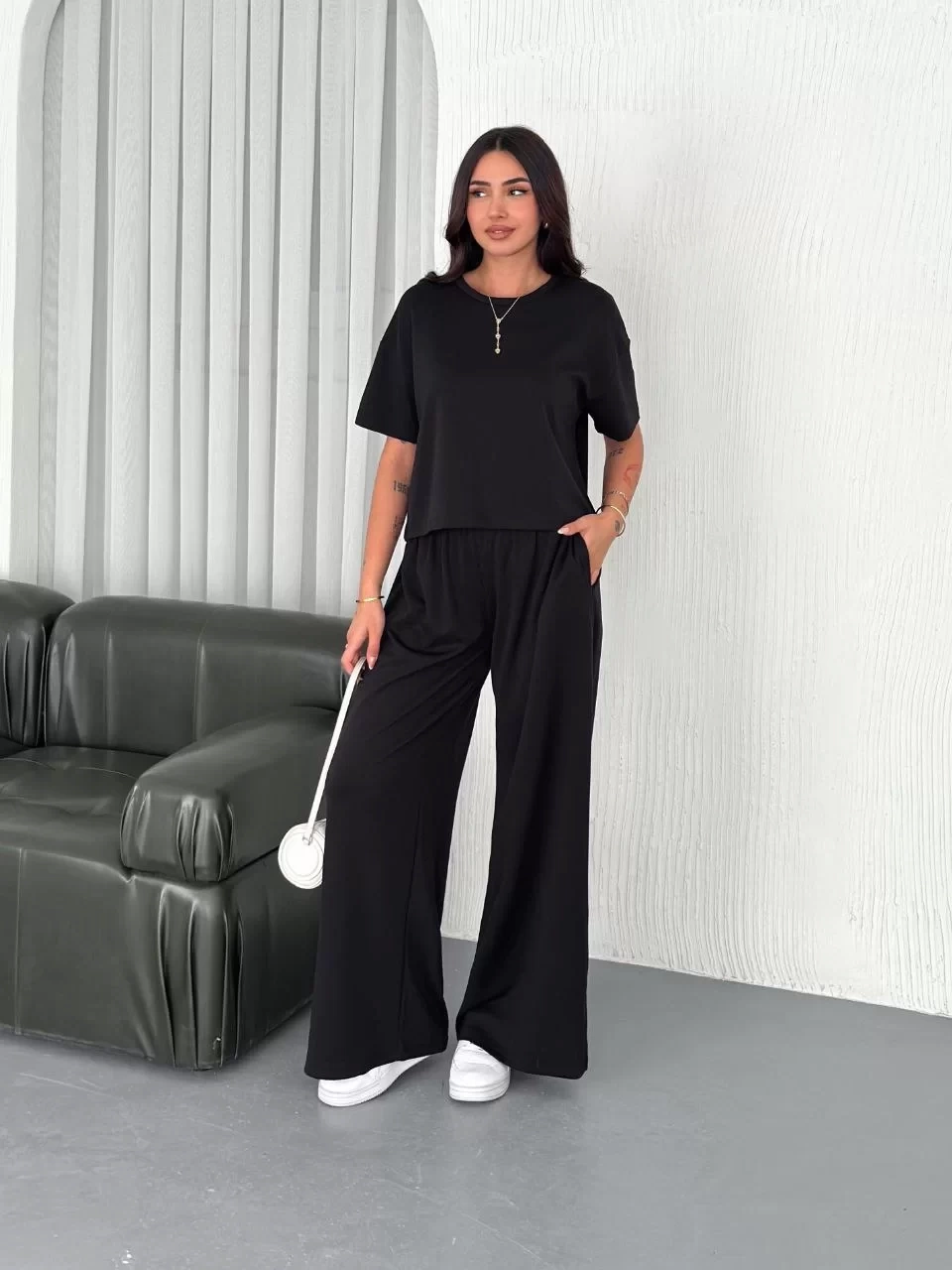 Osy Modal Yumuşak Dokulu Kumaş Bisiklet Yaka T-shirt Bol paça Pantalon ikili Takım -Siyah