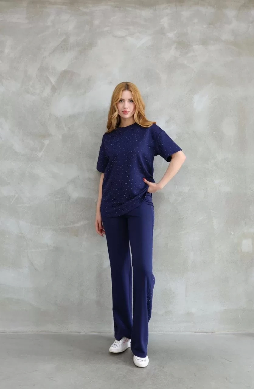 Osy Modal Yumuşak dokulu Kumaş Bisiklet Yaka Taş detaylı Kısa Kollu Takım - Lacivert