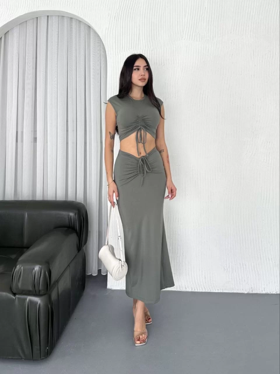 Osy Modal Yumuşak Dokulu Kumaş Büzgülü Crop Etek Takım - Mint yeşili