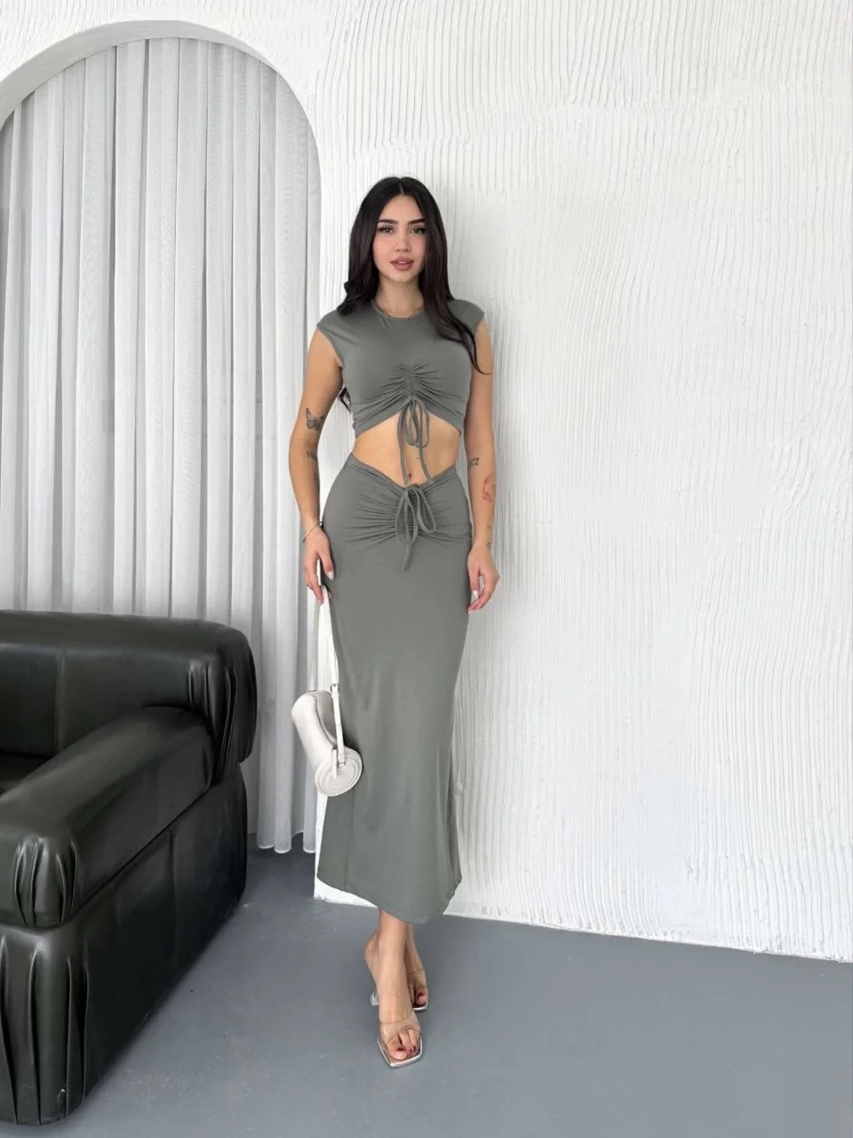 Osy Modal Yumuşak Dokulu Kumaş Büzgülü Crop Etek Takım - Mint yeşili