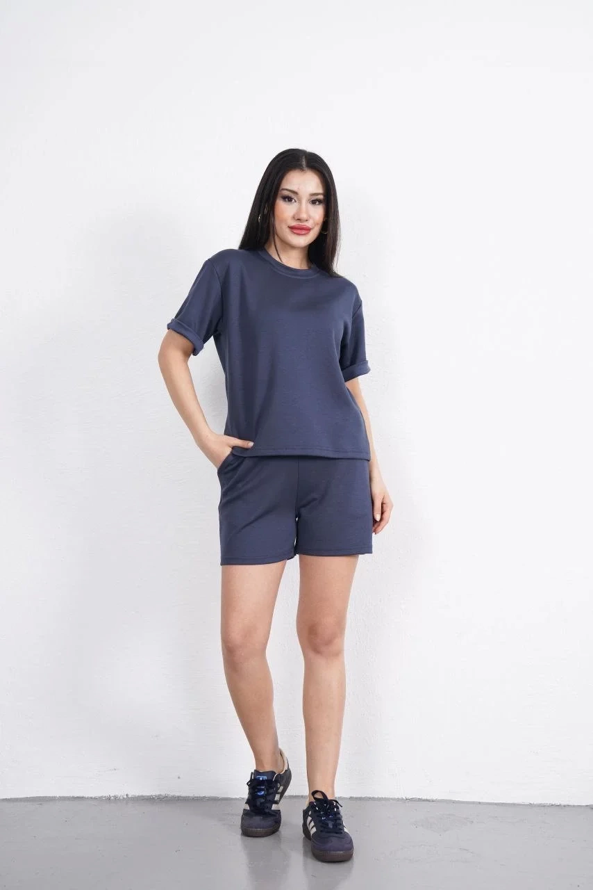 Osy Modal yumuşak dokulu Kumaş Kadın Bisiklet Yaka T-shirt Kısa Şort İkili Takım - Antrasit