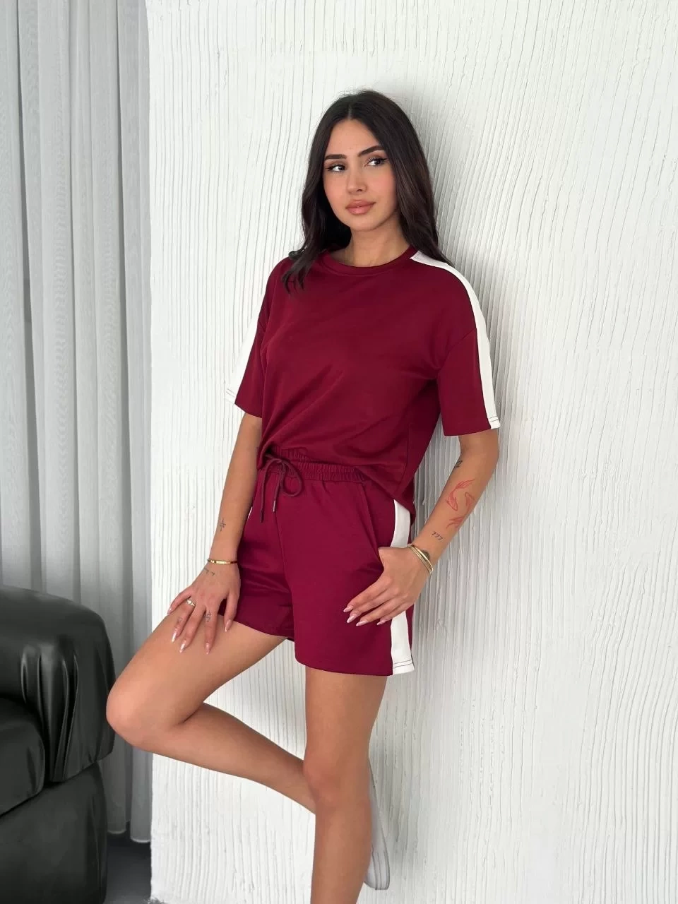 Osy Modal yumuşak dokulu Kumaş Kadın Parçalı Bisiklet Yaka T-shirt Kısa Şort İkili Takım - Bordo