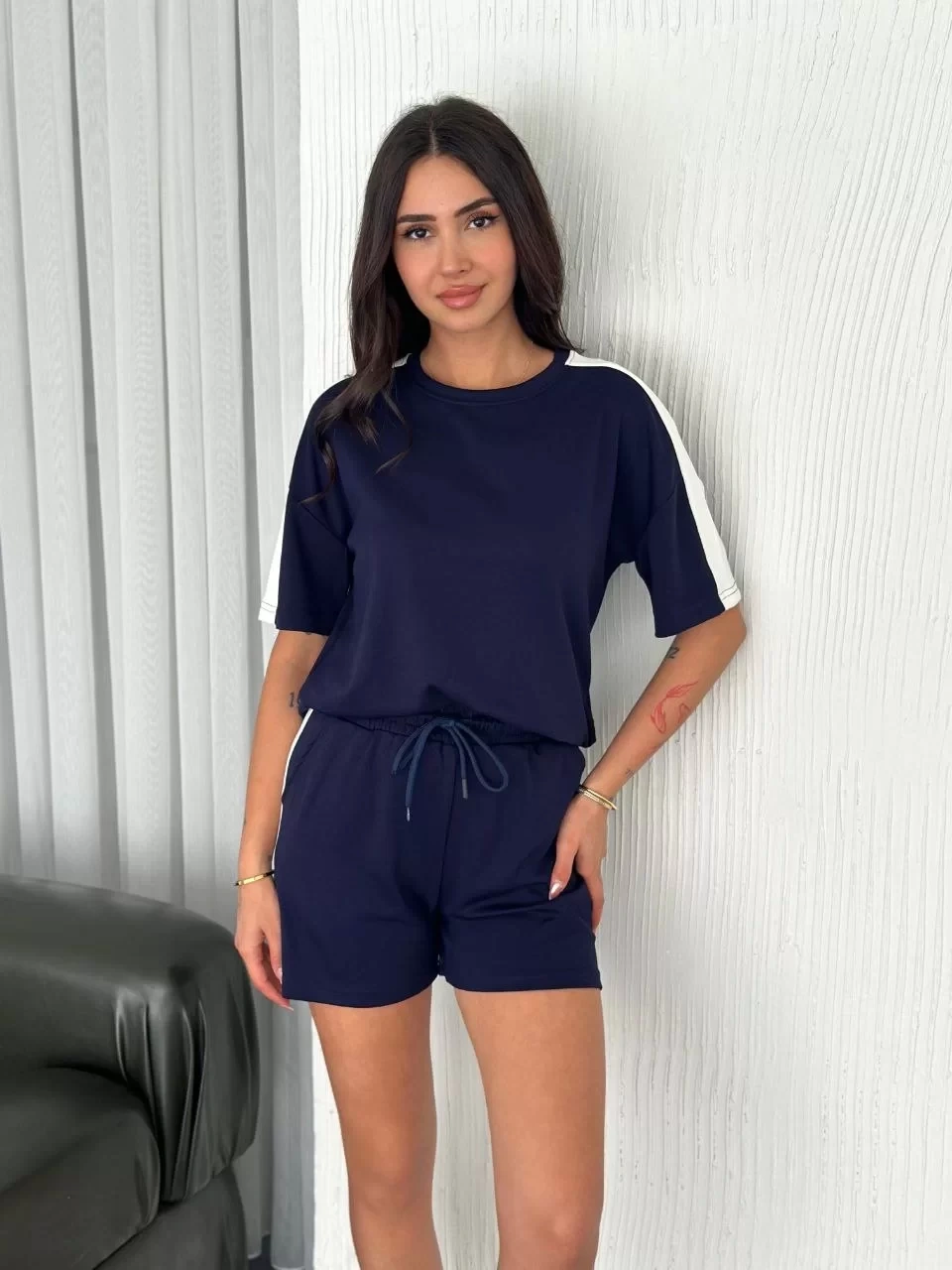 Osy Modal yumuşak dokulu Kumaş Kadın Parçalı Bisiklet Yaka T-shirt Kısa Şort İkili Takım - Mavi