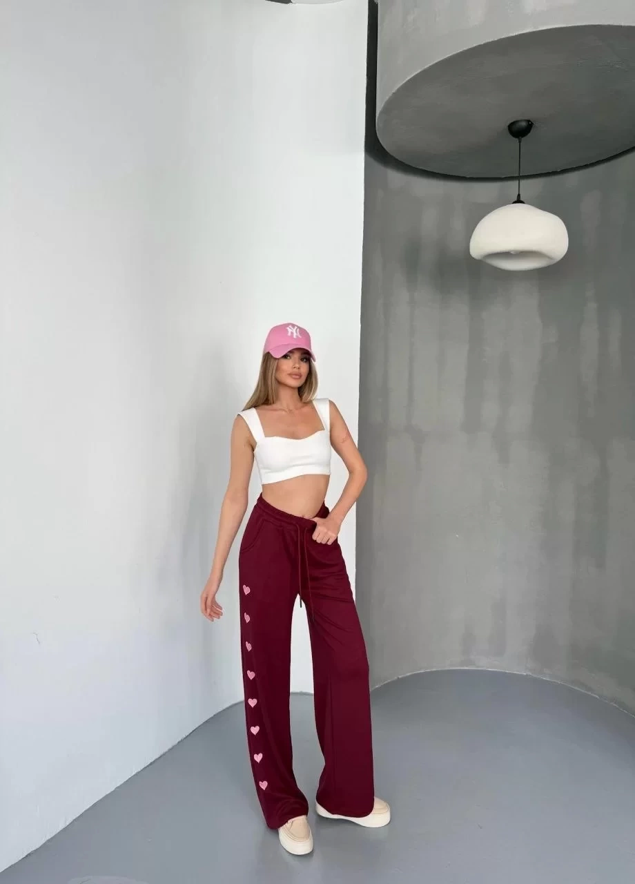 Osy Modal Yumuşak Dokulu Kumaş Nakış işlemeli Rahat Bol Paça Eşofman Pantalon - Bordo