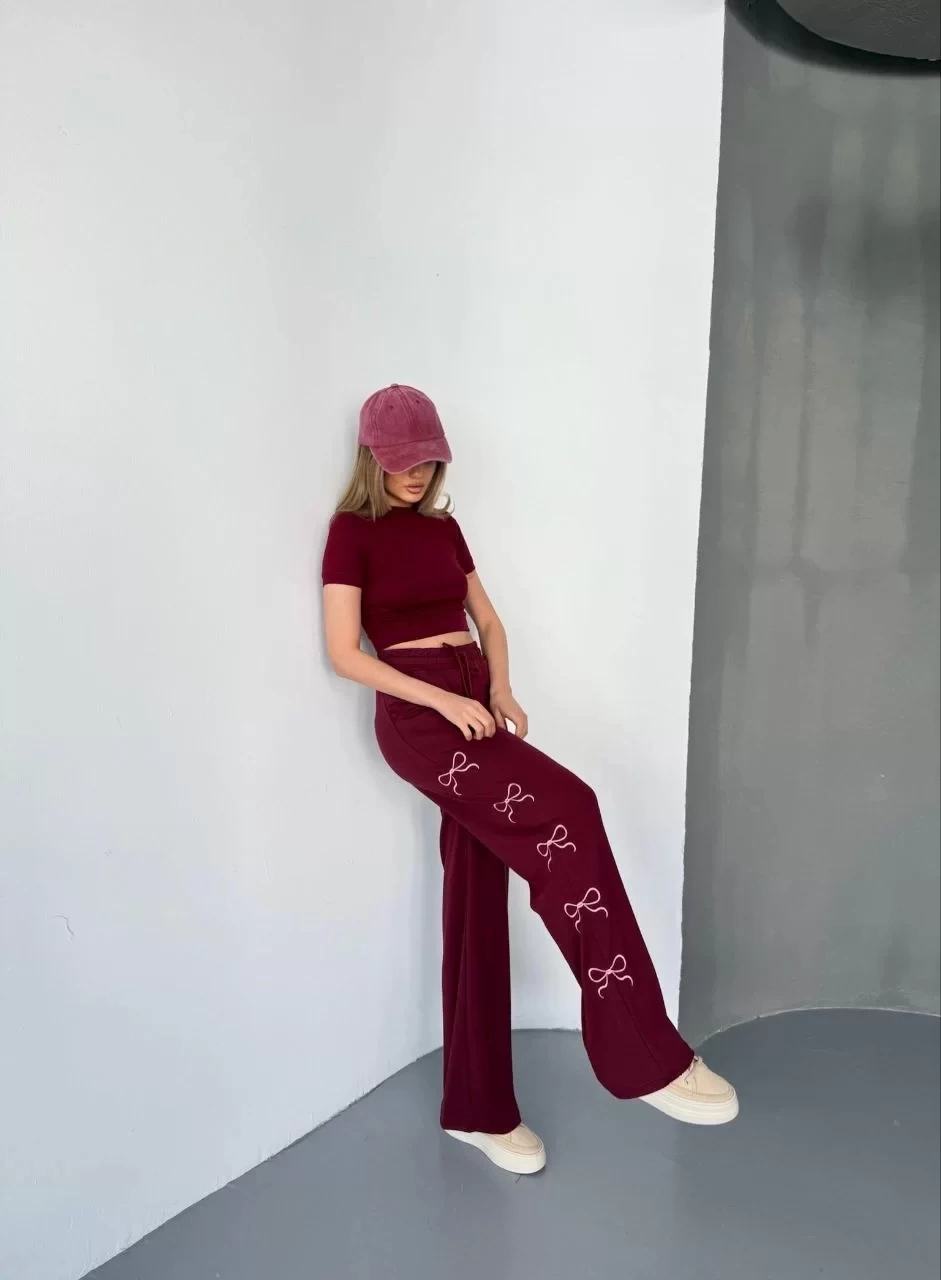 Osy Modal Yumuşak Dokulu Kumaş Nakış işlemeli Rahat Bol Paça Eşofman Pantalon - Bordo