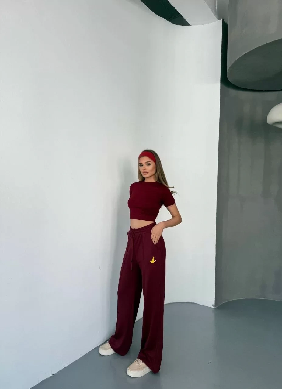 Osy Modal Yumuşak Dokulu Kumaş Nakış işlemeli Rahat Bol Paça Eşofman Pantalon - Bordo