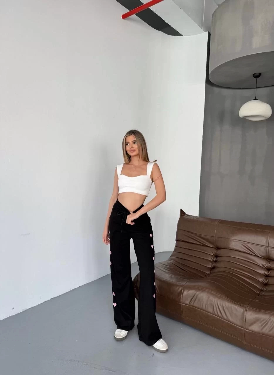 Osy Modal Yumuşak Dokulu Kumaş Nakış işlemeli Rahat Bol Paça Eşofman Pantalon - Siyah