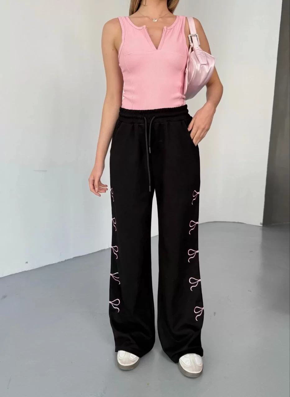 Osy Modal Yumuşak Dokulu Kumaş Nakış işlemeli Rahat Bol Paça Eşofman Pantalon - Siyah