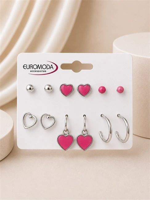 Pembe Kalp Detaylı 6lı Küpe Seti