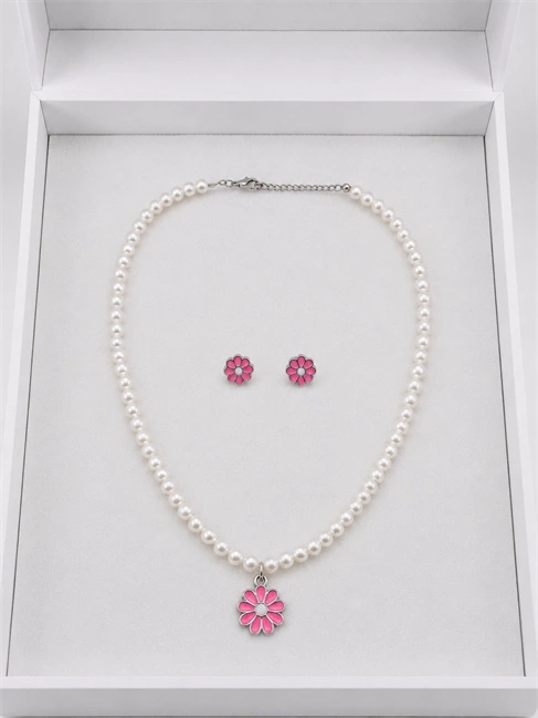 Pembe Papatya Detaylı İnci 2li Kolye Ve Küpe Seti