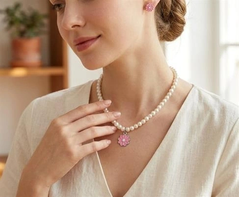 Pembe Papatya Detaylı İnci 2li Kolye Ve Küpe Seti