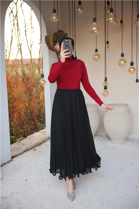 Pliseli Etek - (38-46) - 71262 - Siyah