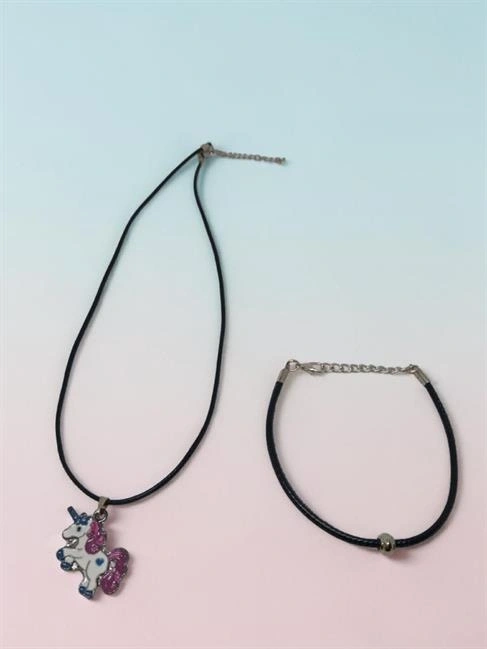 Renkli Unicorn Figürlü Siyah İpli Kolye ve Bileklik İkili Set