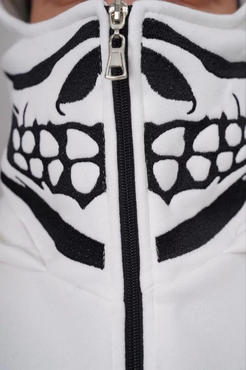 Samuray Kapşonlu ZIP Fermuarlı Çift Kapşonlu Nakışlı SweatShirt- Beyaz